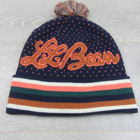 L.L. Bean Pom Beanie Cap Unisex One Size Fit Navy Multi NEW - Picture 3 of 9